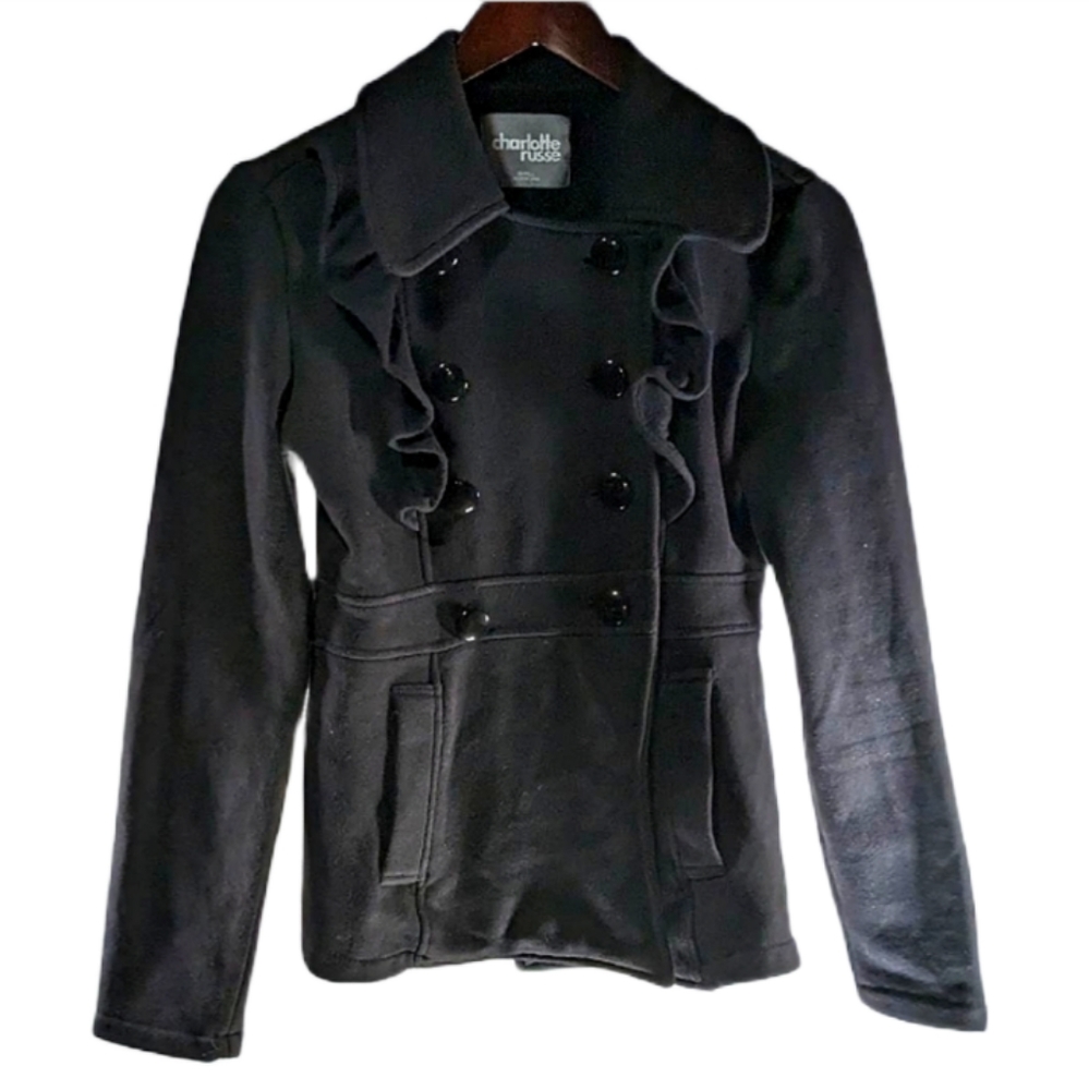 Charlotte Russe Black Double button Peacoat with ruffle details Size Small